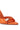 Close-up of the AZALEA WANG CHUG ORANGE SANDAL, a chic faux leather high heel with an orange insole and stiletto. It features a foot strap adorned with a metallic buckle for added flair, enhancing the sleek design.
