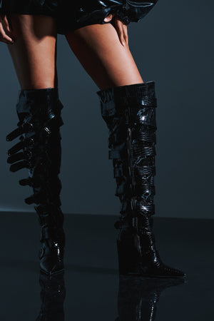 AZALEA WANG CINZIA BLACK CROC BUCKLE WEDGE BOOT – AKIRA