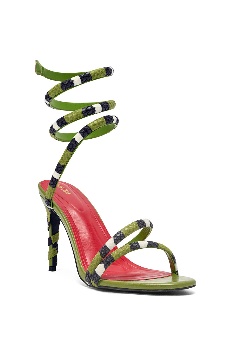 The AKIRA GOLD CITLALI GREEN SNAKE COIL SANDAL features high heels, green and black snakeskin-patterned straps with a spiral ankle wrap, a bold red insole, and an olive green heel and sole. 3