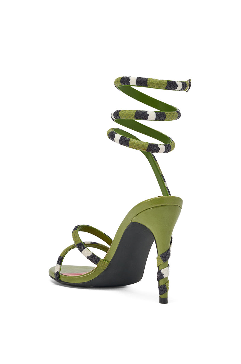 The AKIRA GOLD CITLALI GREEN SNAKE COIL SANDAL features high heels and green, black, and white snakeskin-textured spiral straps that wrap up the leg, with a matching braided pattern on the slim heel for a bold, striking finish. 4