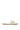 The CLARISSA GOLD EMBELLISHED FLAT SANDAL features a women's flat design with an iridescent jewel-adorned white strap and gold studs, complemented by a beige sole against a white background.