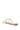 The CLARISSA GOLD EMBELLISHED FLAT SANDAL features a PVC foot band with gold and iridescent jewels on the strap and a tan footbed, shown from the back at an angle.