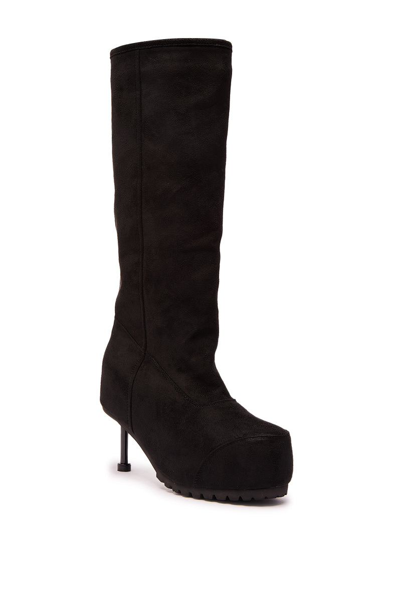 The AZALEA WANG CLEDQYN BLACK FAUX SUEDE BOOT is a single knee-high style with a stiletto heel and chunky, ridged platform sole, displayed at an angle on a white background.