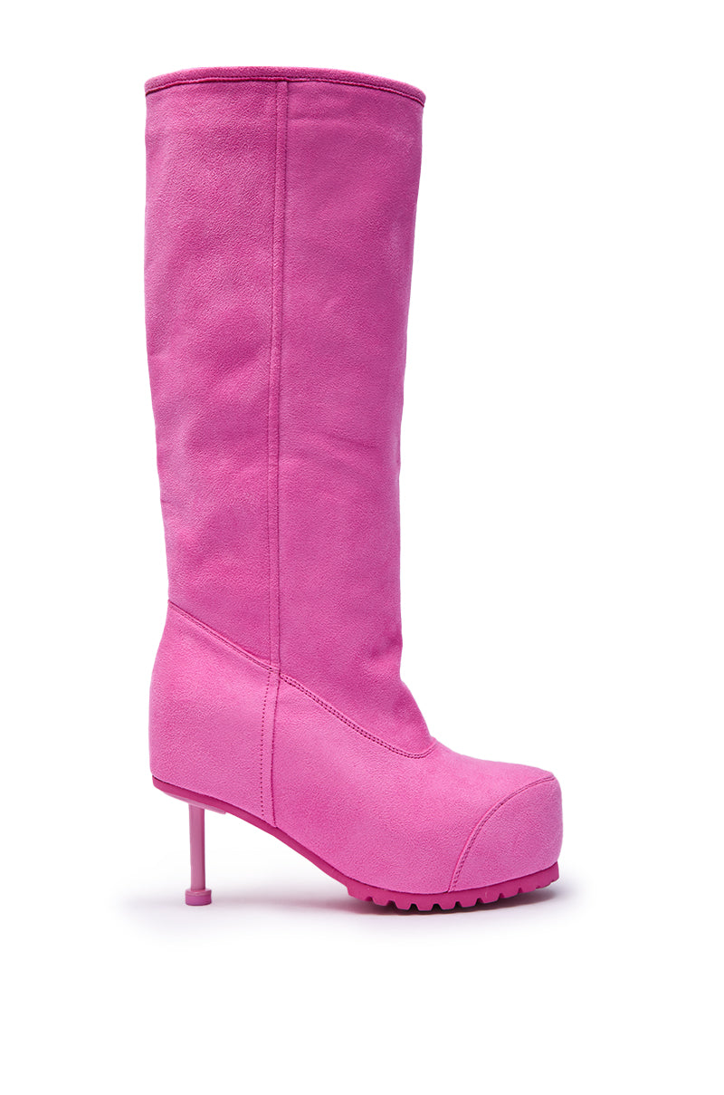 The AZALEA WANG CLEDQYN PINK SUEDE STILETTO BOOT, a single bright pink faux suede mid-calf boot with a platform sole and thin high heel, is displayed against a white background. 3