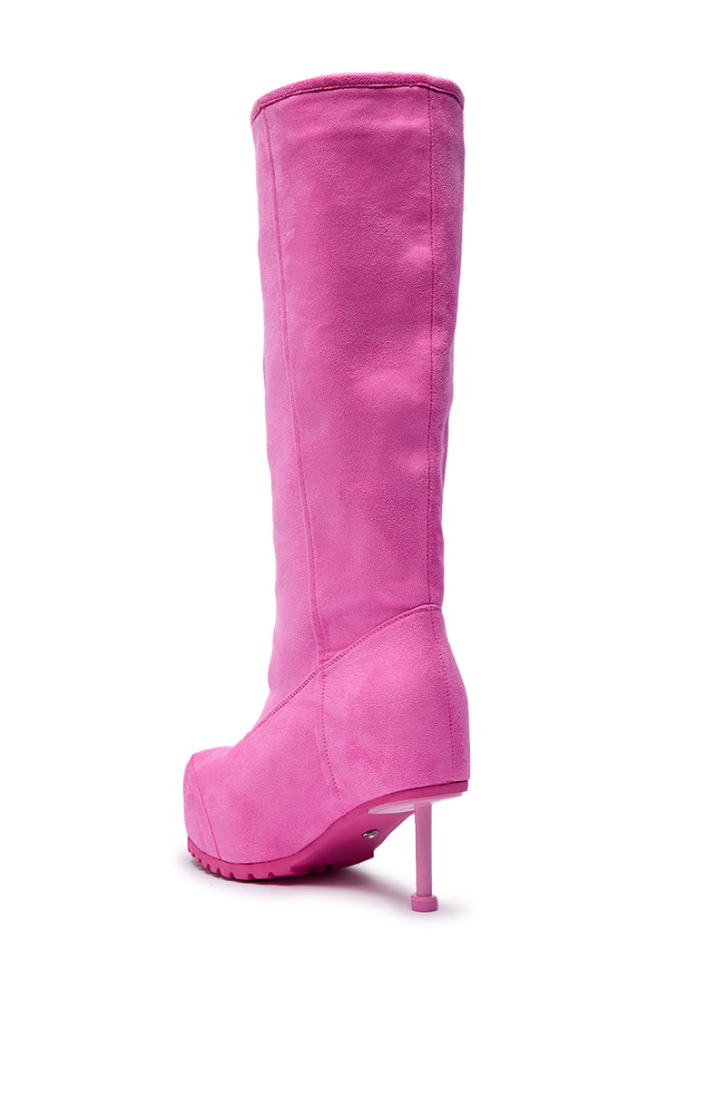 The AZALEA WANG CLEDQYN Pink Suede Stiletto Boot is a knee-high, bright pink boot with a tall thin heel and platform sole—ideal for anyone seeking standout pink suede stilettos. Pictured against a white background. 5