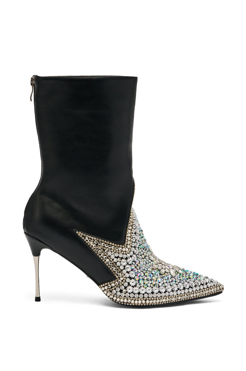 The AZALEA WANG CLINEQ Embellished Rhinestone Stiletto Bootie features a black leather upper, pointed toe, silver heel, and dazzling rhinestones on the front and toe for extra glamour.