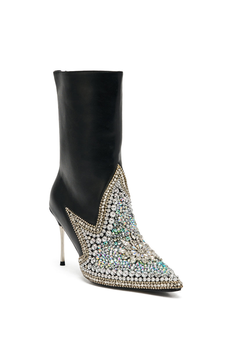 The AZALEA WANG CLINEQ EMBELLISHED RHINESTONE STILETTO BOOTIE is a black pointed-toe bootie with silver and iridescent rhinestones in intricate front patterns and a slim metallic heel.