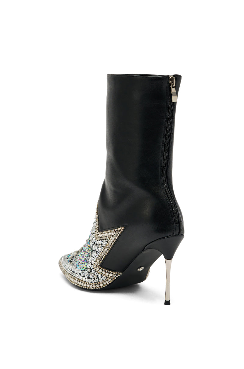 The AZALEA WANG CLINEQ EMBELLISHED RHINESTONE STILETTO BOOTIE is a black faux leather bootie with a pointed toe, silver rhinestone star details, side zipper, and metallic stiletto heel for standout style.