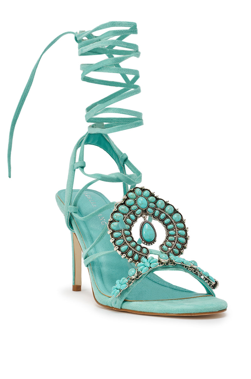 AKIRA GOLD CLIPSE AQUA HARDWARE EMBELLISHED STILETTO SANDAL