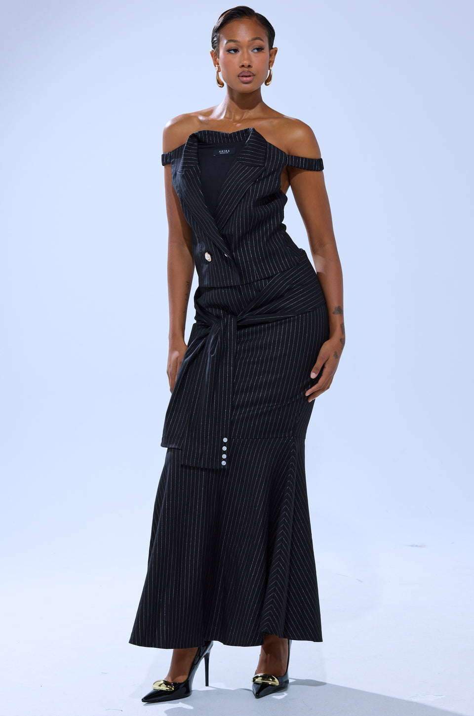 pinstripe corset dress Gloom Lace Up Front Corset Detail Pinstripe Midi Dress