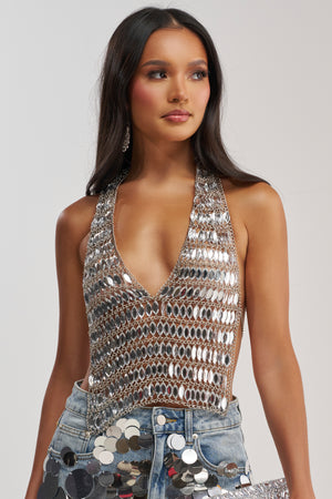 Silver Rhinestone Halter Tank Top, Fitted | AKIRA