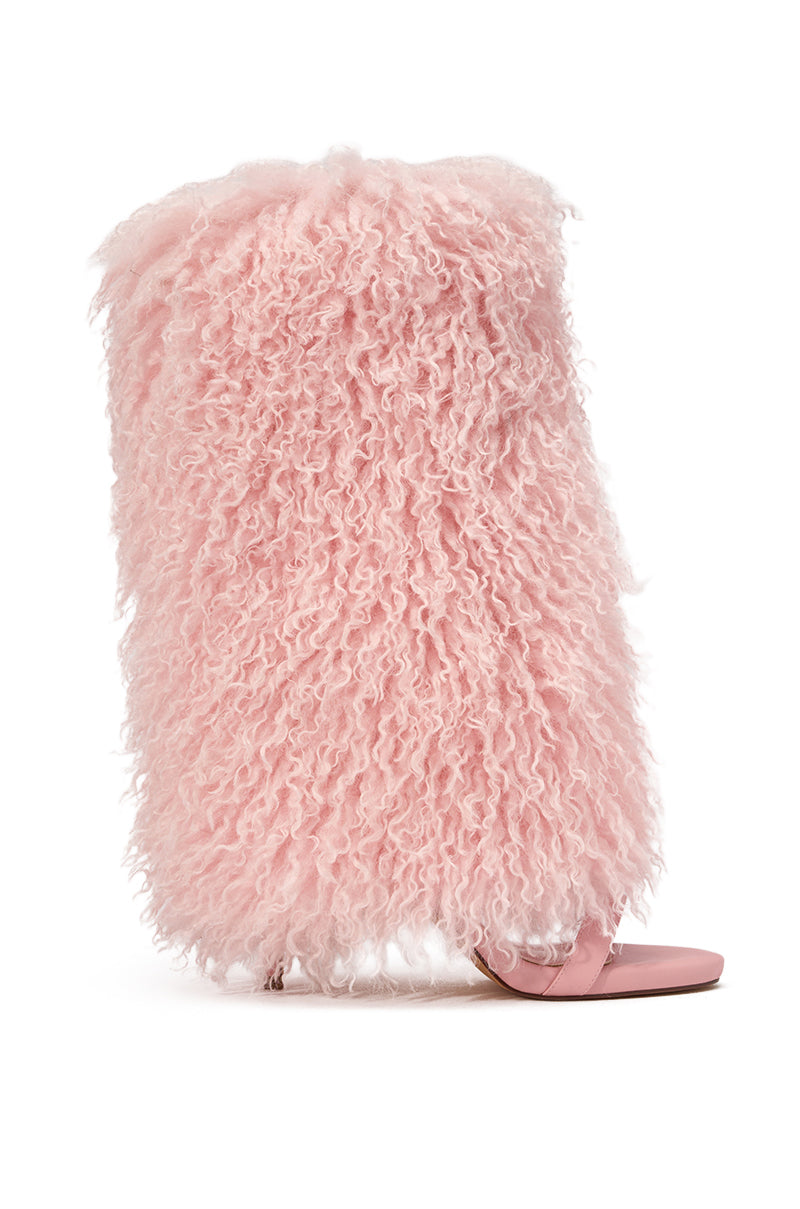 The AZALEA WANG CLOUD NINE PINK FUR OPEN TOE BOOT is a high-heeled sandal wrapped in fluffy, curly baby pink fur, featuring an open toe strap and a boot-like silhouette. 2