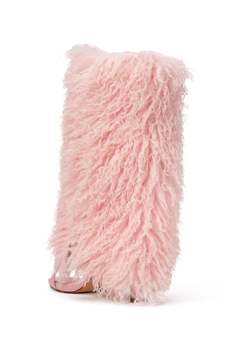 The AZALEA WANG CLOUD NINE PINK FUR OPEN TOE BOOT is a knee-high, wedge heel boot featuring long, curly baby pink faux fur and an open toe, shown against a white background. 4