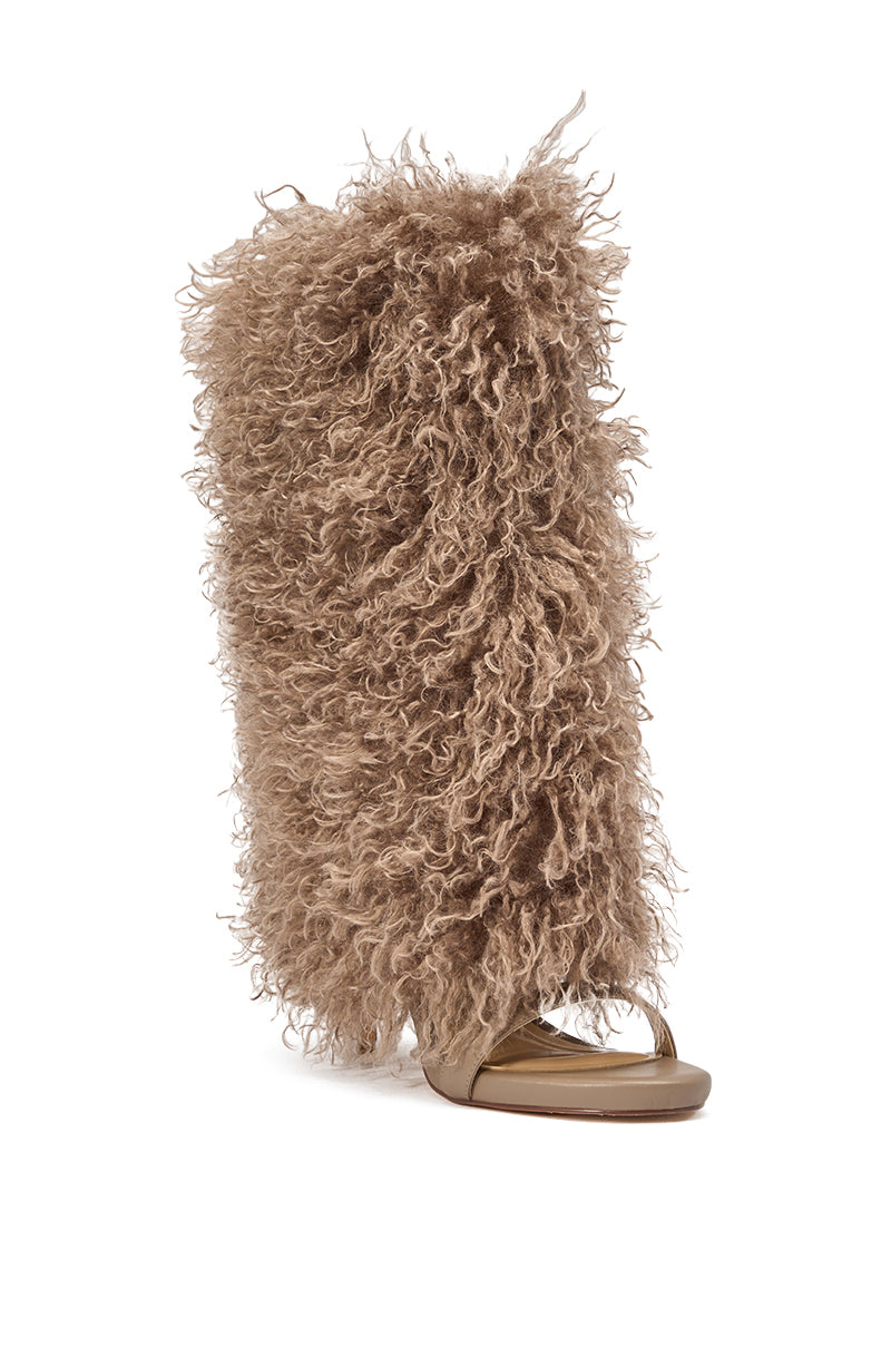 The Azalea Wang CLOUD NINE Taupe Fur Open Toe Boot is a statement sandal with tall, fluffy taupe faux fur that extends above the ankle, open toe and heel—perfect for going out. 3