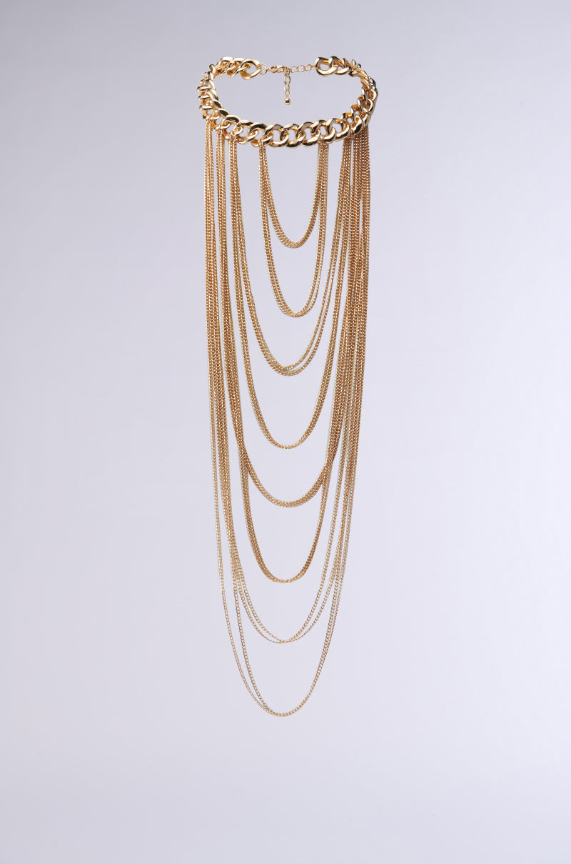 The SO MANY LAYERS NECKLACE is a gold chain link choker with multiple long, draping chains descending from a thicker collar, creating a stunning multilayered look against a plain gray background. 0