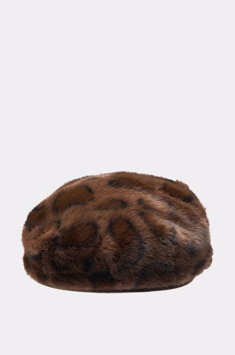 The I AM THE LUXURY FAUX FUR BRIM HAT is a soft brown beret with a dark cheetah print pattern, shown against a plain light background. 4