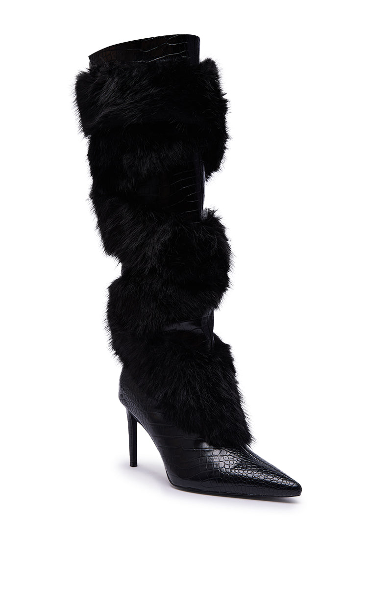 The AZALEA WANG CONRADDE Black Mixed Material Fur and Snake Stiletto Boot features a pointed toe, faux-crocodile texture, and layered black faux fur shaft—ideal for anyone seeking stylish, knee-high, luxe faux leather boots.
