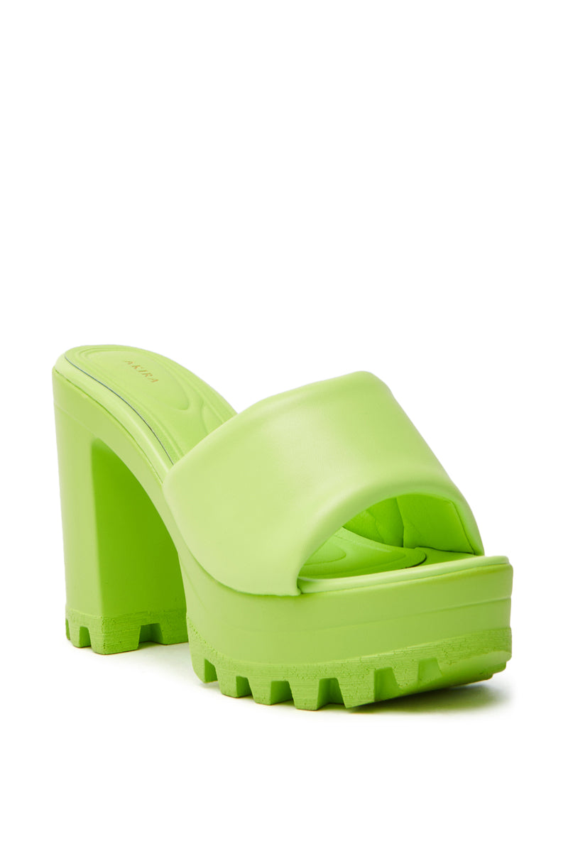The AZALEA WANG COOL CAT LIME PUFFY PLATFORM SANDAL features a lime green color, a chunky high heel, open toe design, thick top band, textured sole for grip, and a comfort cushion insole for support.