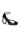 The AZALEA WANG CORABELLA BLACK NOVELTY HEEL SANDAL showcases a sculpted circular hollow heel, ankle strap with buckle, and sleek faux leather upper, all set against a white background.