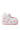 The KOI FOOTWEAR A COURTSHIP OF BOWS PINK WEDGE SNEAKER features a velvet-textile white upper, pink trim, Mary Jane foot straps with heart buckles, chunky pink platform wedge, and pink bows on the sole and upper for a cute finish.