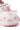 A close-up of the KOI FOOTWEAR A COURTSHIP OF BOWS PINK WEDGE SNEAKER, featuring Mary Jane straps with heart-shaped buckles, pink bows, a pink platform wedge sole with ribbon accents, a velvet upper, and soft pink lining.