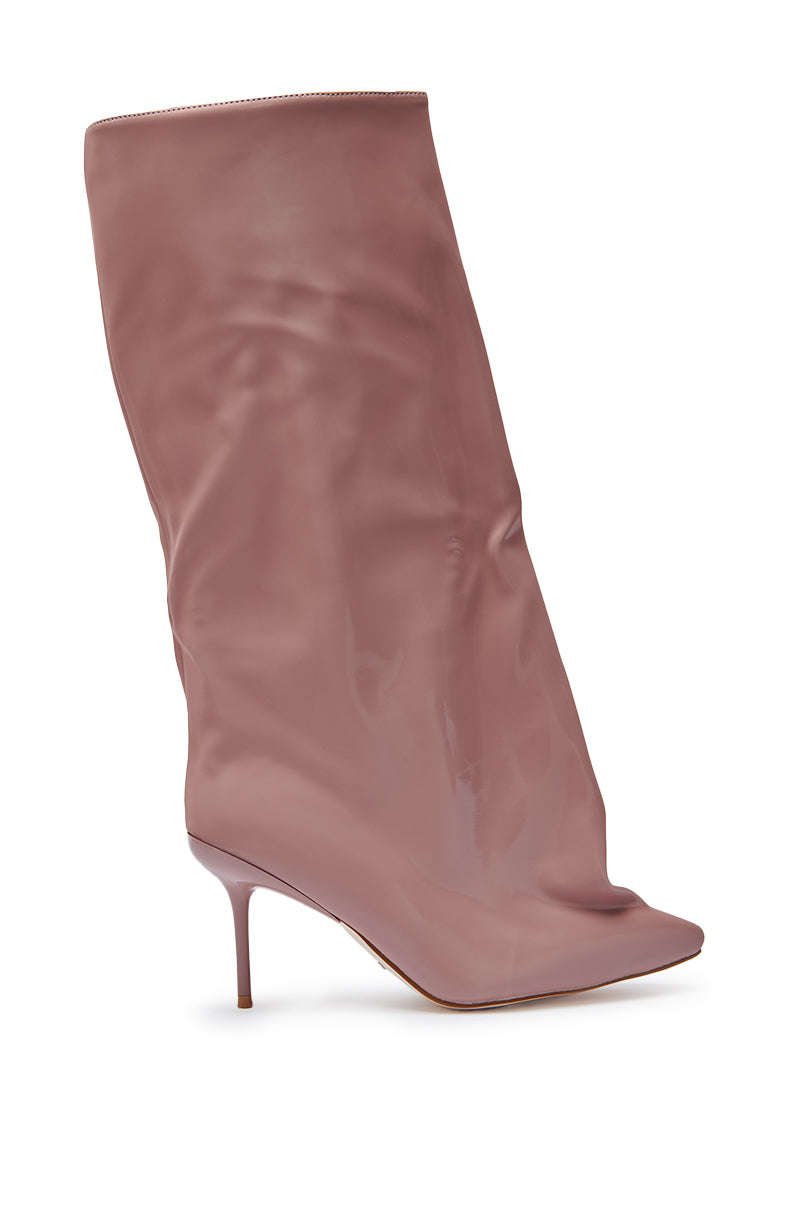 The AZALEA WANG COUTURE CRAZY MAUVE BOOT is a single mauve stiletto heel boot in glossy faux patent leather with a pointed toe and slouchy mid-calf shaft, shown against a white background.