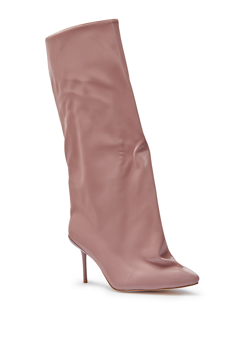 The AZALEA WANG COUTURE CRAZY MAUVE BOOT is a single, high-heeled boot in shiny light mauve faux patent leather, featuring a pointed toe and a slouchy mid-calf shaft.