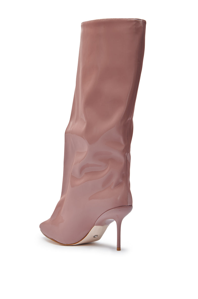 The AZALEA WANG COUTURE CRAZY MAUVE BOOT is a single, knee-high, high-heeled boot in glossy light mauve faux patent leather with a pointed toe and thin stiletto heel, shown against a white background.