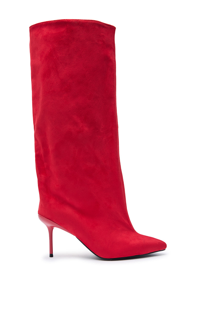 The AZALEA WANG COUTURE LURE RED FAUX SUEDE BOOT is a tall, knee-high stiletto with a pointed toe in vibrant red, shown in a side view against a white background. 1