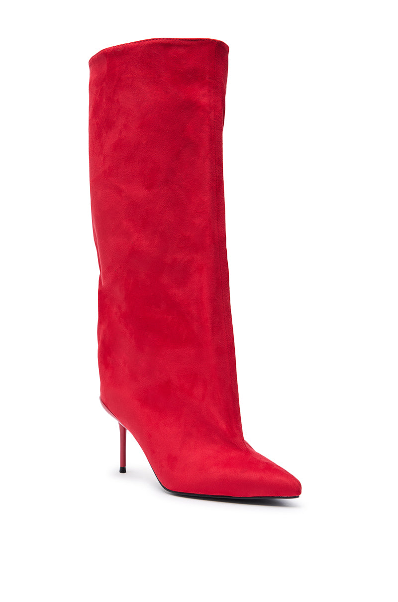 The AZALEA WANG COUTURE LURE RED FAUX SUEDE BOOT is a vibrant, knee-high boot with a pointed toe and slim stiletto heel, shown against a white background. 2