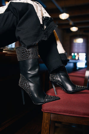 AZALEA WANG CRESSINDA BLACK GUNMETAL DOME STUD STILETTO BOOTIE – AKIRA