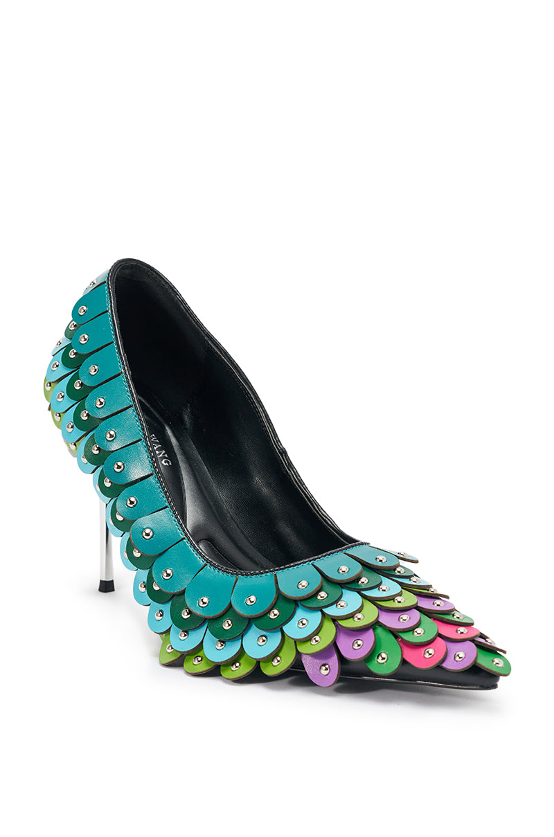 The AZALEA WANG CRISTATUS Green Multi Color Textured Stiletto Pump features a pointed toe, faux leather construction, and multicolor scallop detailing in teal, green, and pink with silver rivets for a bold, textured look.