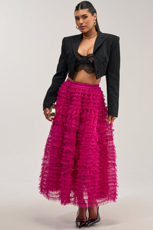 Fuchsia Tulle Ruffle Maxi Skirt | AKIRA