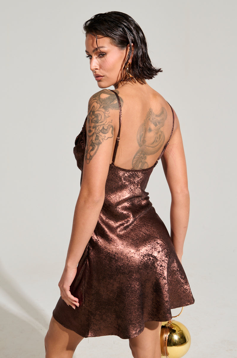 HOT SHOT COWL NECK MINI DRESS IN BROWN AKIRA HOT SHOT COWL NECK MINI DRESS IN BROWN AKIRA