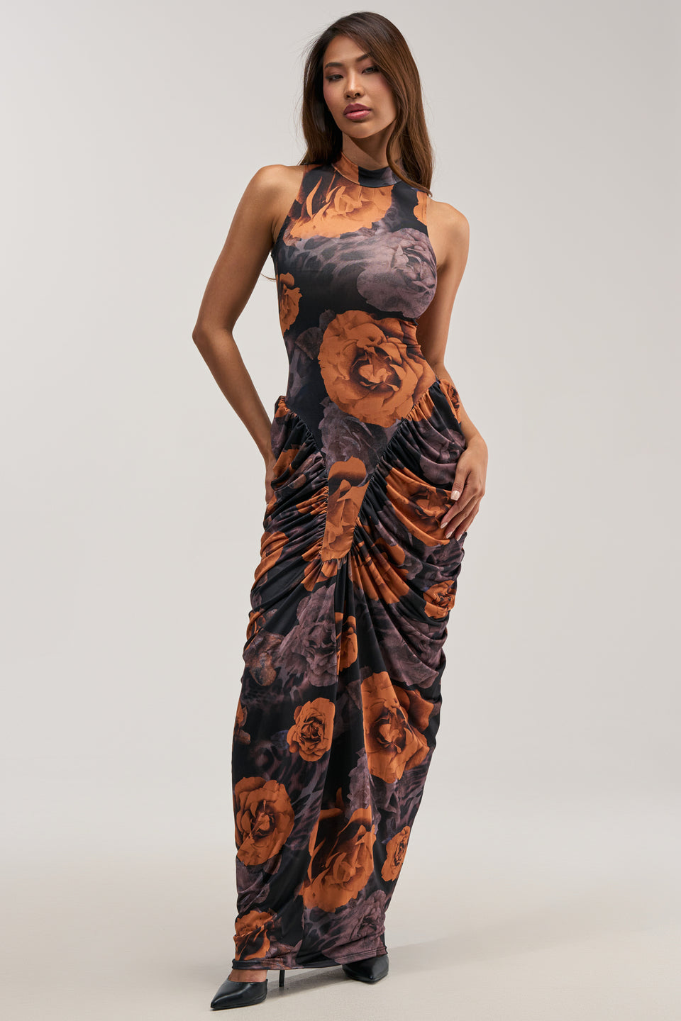 black and orange floral dress ASTR the Label Marissa in & finishing at a midi hem Black and Orange Floral Print