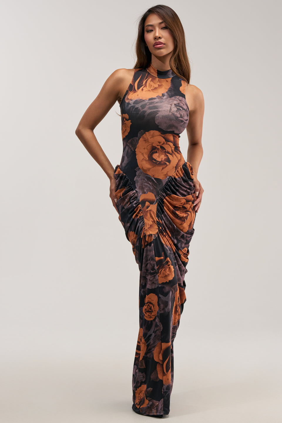 black dress with orange flowers UK 8 (US 4) Fab Vintage 1970s Brown and Floral Flower Power Maxi by Spinney timeless silhouette Black background with a soft floral print adds romantic Black Dress With Orange Flowers