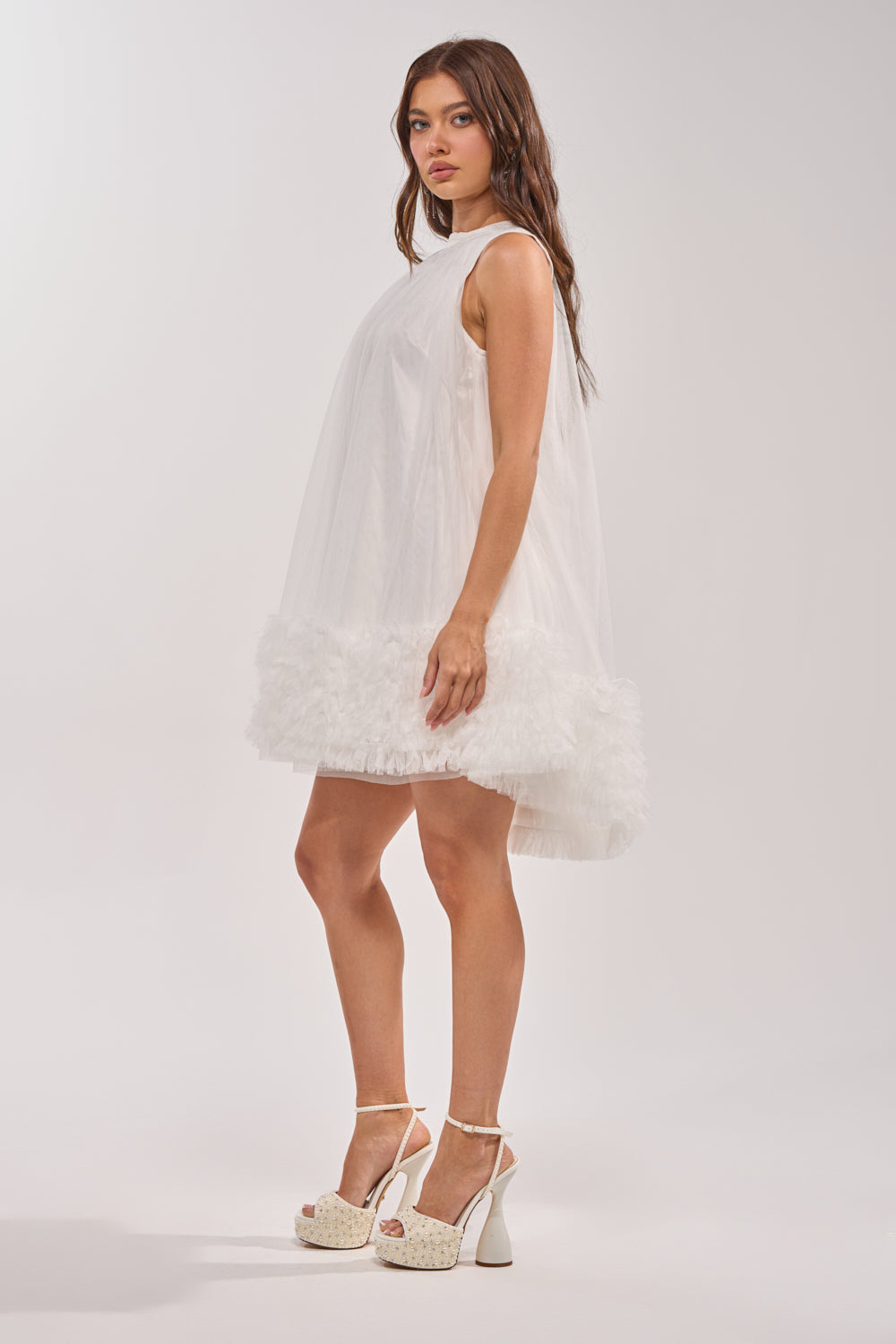 ARI TULLE RUFFLE MINI DRESS IN WHITE – AKIRA