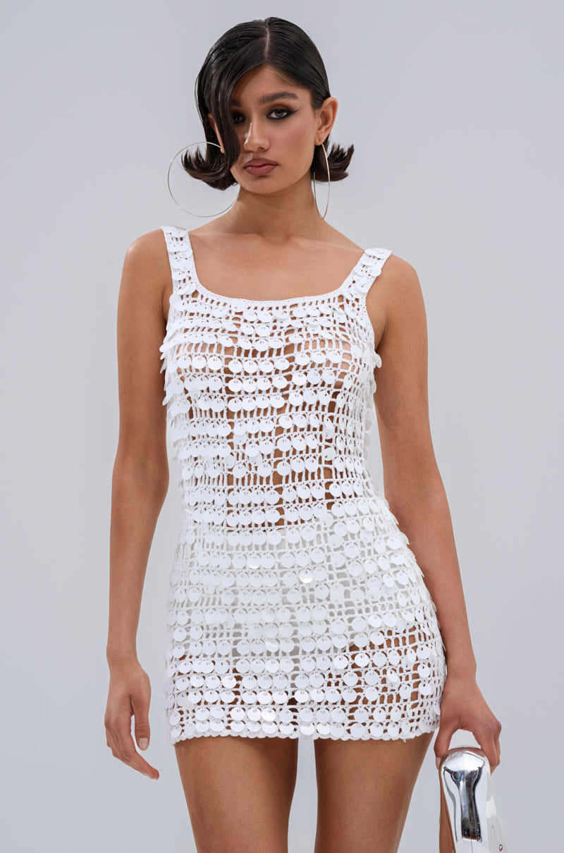 SHINE BRIGHT CROCHET SEQUIN MINI DRESS IN WHITE – AKIRA