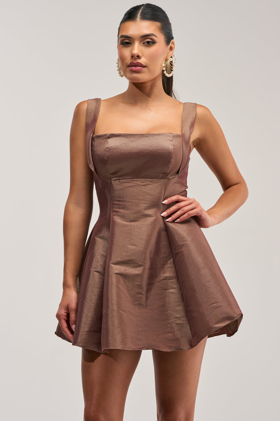 brown satin mini dress SHOW US WHAT YOU GOT AKIRA Designed to bring the drama this festive season and beyond Brown Satin Slip Mini Dress