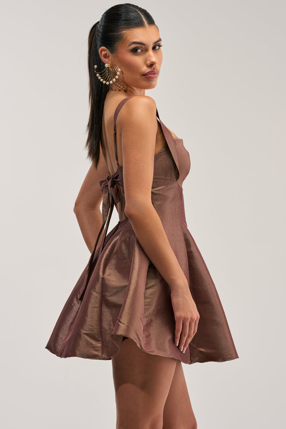 BEST TIME OF THE YEAR SATIN MINI DRESS IN MOCHA – AKIRA