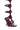 The AZALEA WANG DAGON LIQUID LUXE CAGED SANDAL features dark burgundy faux patent leather, wavy cut-out straps with buckles extending up the leg, an open square toe, and a flared stiletto heel.