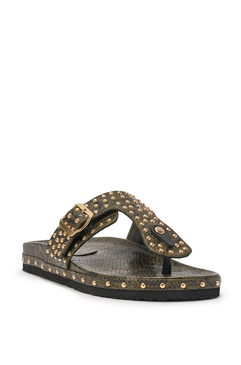 The AZALEA WANG DAISY CHAIN GREEN SNAKE STUDDED FLAT SANDAL features olive green snakeskin faux leather straps with gold studs and a buckle, a black textured sole, and an open toe for a bold, striking look. 4