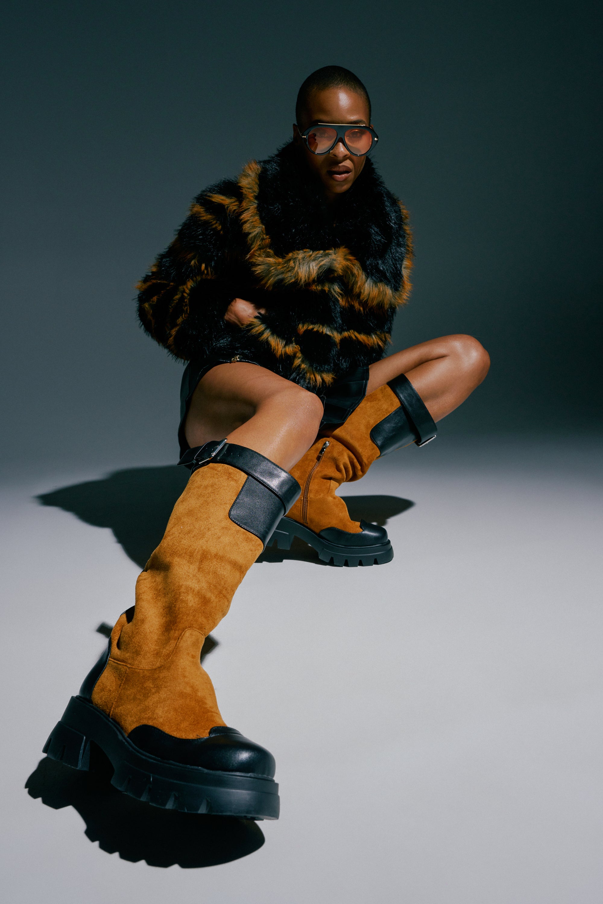Color Block Knee High Flatform Boot in Cognac | AKIRA