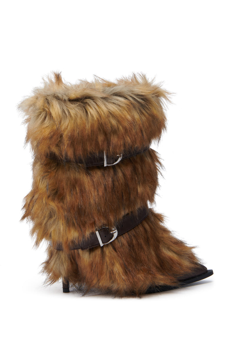 The AZALEA WANG DALLIS BROWN STILETTO FUR BOOTIE features a sleek design with a pointed toe, adorned in textured shaggy brown faux fur. It is complemented by three black straps and silver buckles, showcasing exquisite faux leather craftsmanship.