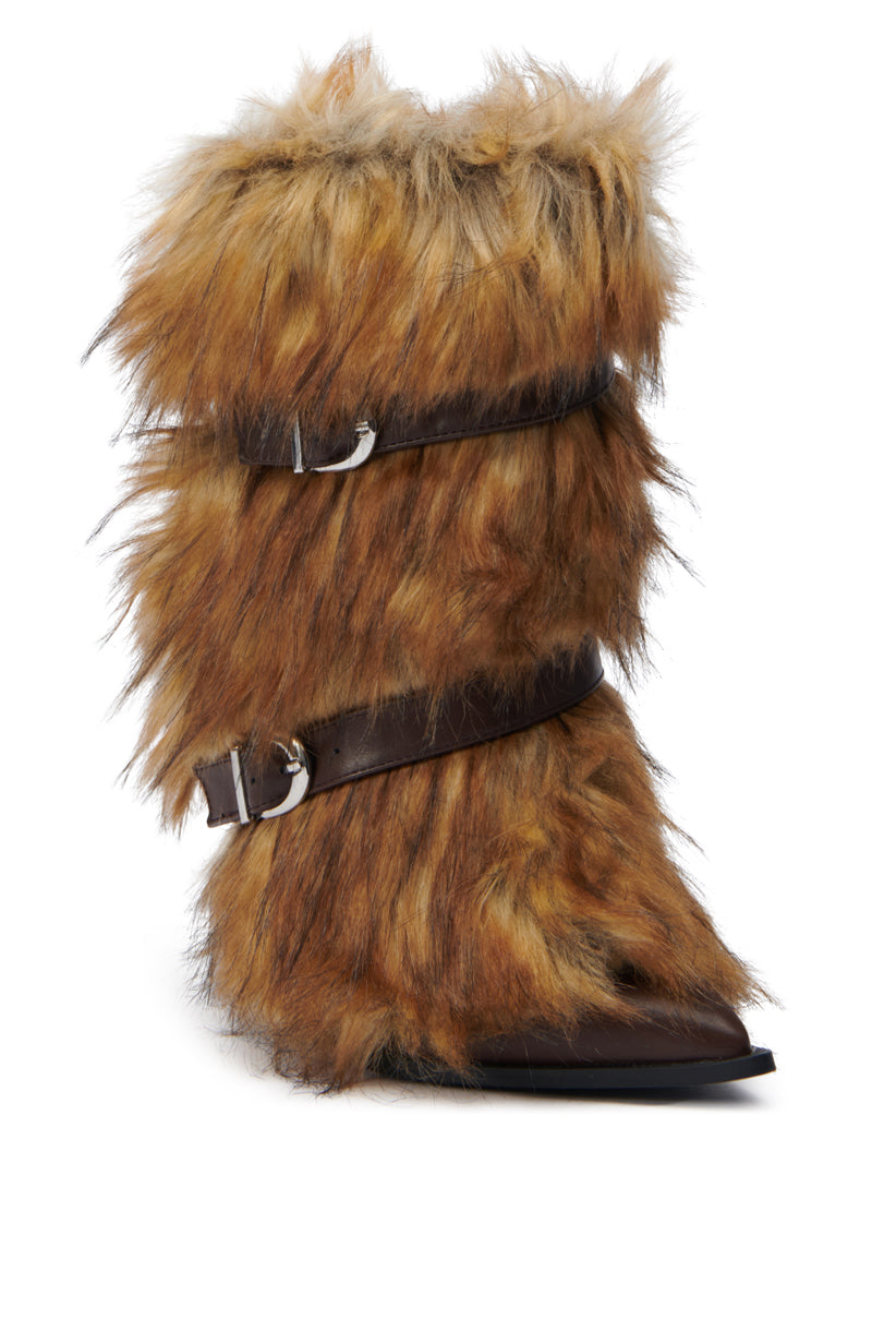 Introducing the AZALEA WANG DALLIS BROWN STILETTO FUR BOOTIE, a trendy mid-calf bootie showcasing a brown faux fur exterior. It features two dark faux leather straps with silver buckles, paired with a pointed toe and a slightly elevated heel for an elegant and fashionable look.