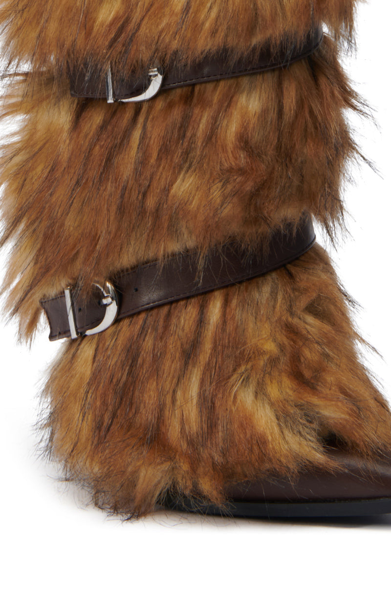 Close-up of the AZALEA WANG DALLIS BROWN STILETTO FUR BOOTIE, featuring brown faux fur with dark faux leather straps and silver buckles. The textured design emulates wild animal fur, offering a rugged and unique appearance.
