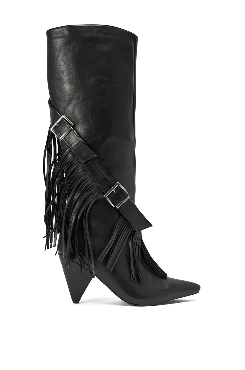 The AZALEA WANG DARELLE BLACK FRINGE BOOT features a pointed toe, angled wedge heel, side buckle strap, and decorative leather fringe along the outer side. 4