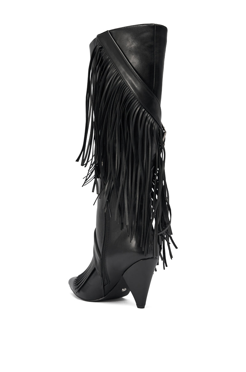 The AZALEA WANG DARELLE BLACK FRINGE BOOT features black faux leather, a pointed toe, high wedge heel, and dramatic fringe from top to ankle for bold western-inspired style. 6