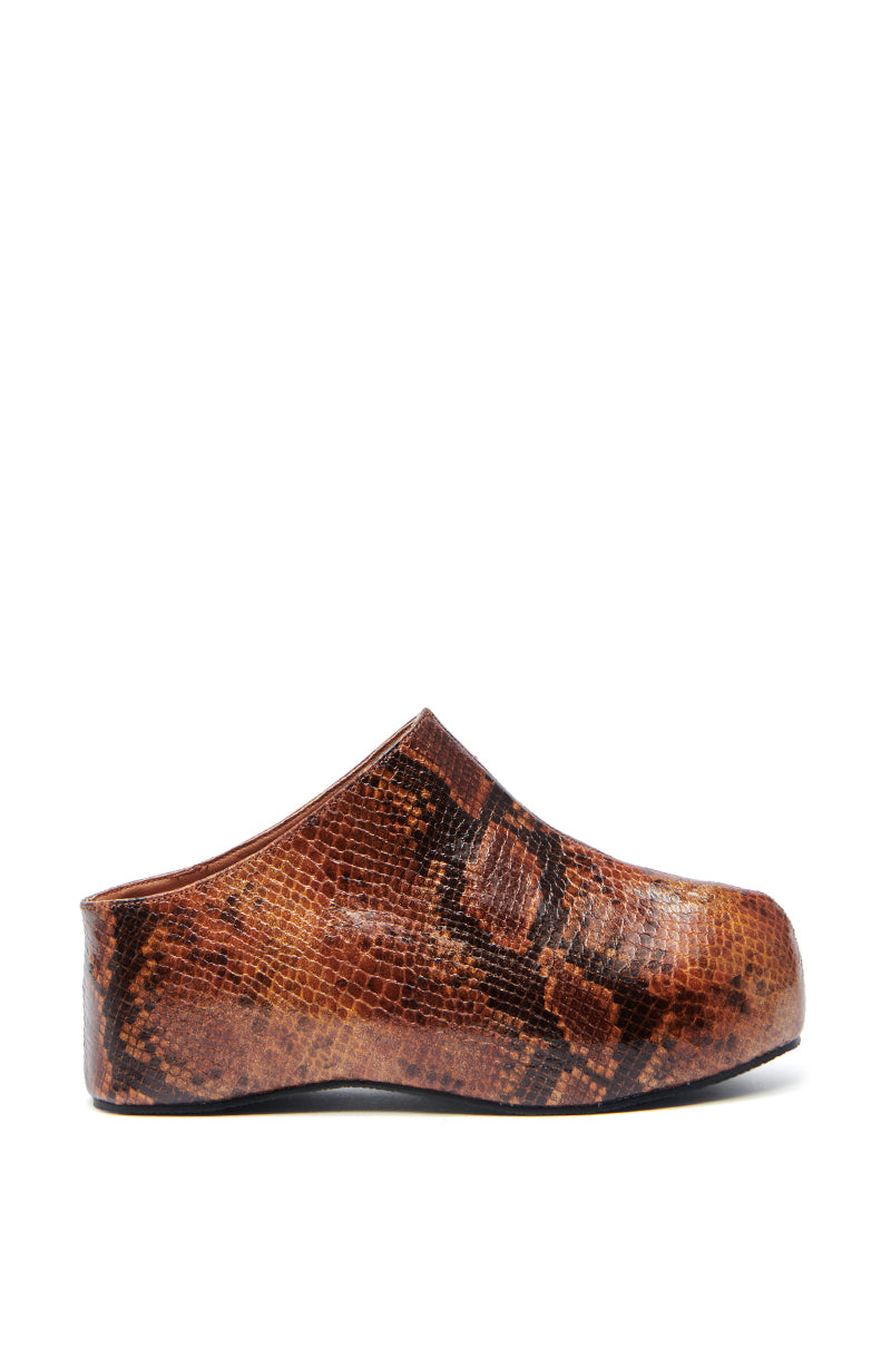 The AZALEA WANG DARWIN CLOG IN BROWN SNAKE is a brown faux leather clog with a chunky heel and faux snakeskin pattern, shown in side profile on a white background.