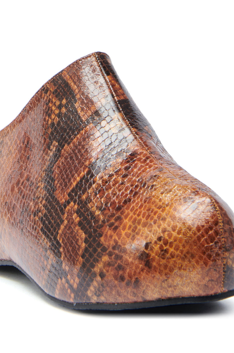 Close-up of the AZALEA WANG DARWIN CLOG IN BROWN SNAKE, featuring a pointed toe, faux leather with embossed snakeskin print, detailed scales, smooth texture, and a low black sole.
